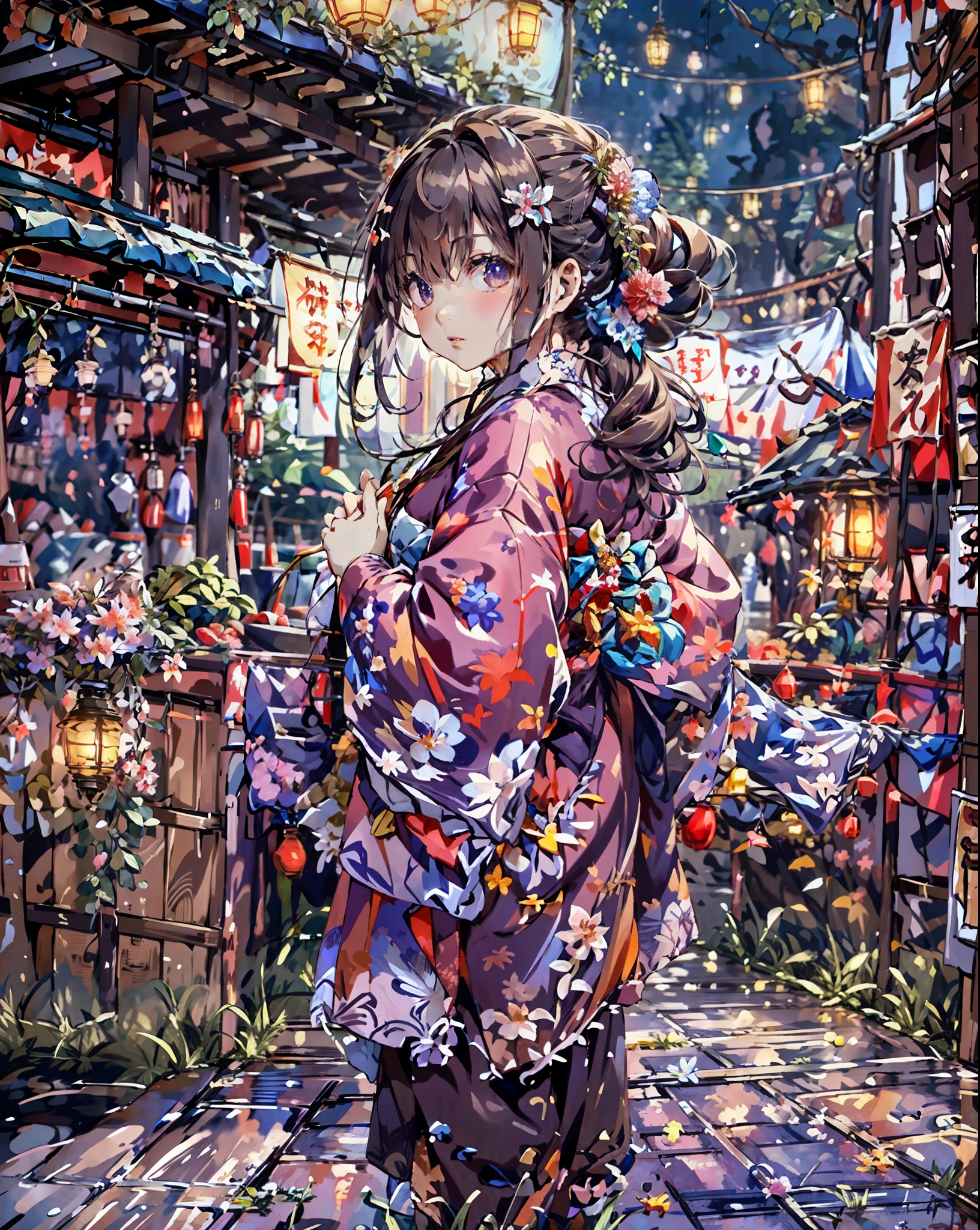 masterpiece, highest quality, super detailed, figure, OMATSURI, food stand, 1 girl, beautiful eyes, looking at the viewer, from behind, cowboy shot, think back, yukata, wood, outdoors,road, walk,  crowd, night, lanthanum, festival, food, paved, Crossing road, paper lanthanum, street lamppost, brown hair, night sky,