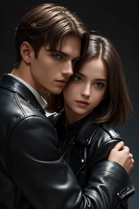 Masterpiece, Superb Clothing, (Illustration), ((2 People)), ((Handsome Young Couple Kissing and Hugging),  Fashion, Leather Jacket, (boy have short hair and blue eyes), (Happy), (White Skin), (Dark Circles), Handsome, , Toast, Trend, Dark Gray, boy have short hair and blue eyes, Close Up, (Grand Background), (Chiaroscuro)), Fine Face Details, Facial Details, Cinematic Lighting, (Depth of Field), UHD, (Upper Body), Black Background, girl with long hair.