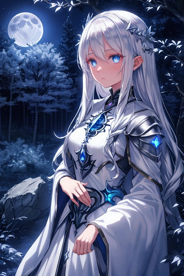 Aasimar, Twilight Cleric, Silver hair, Blue eyes, glowing eyes, moonlit forest, female