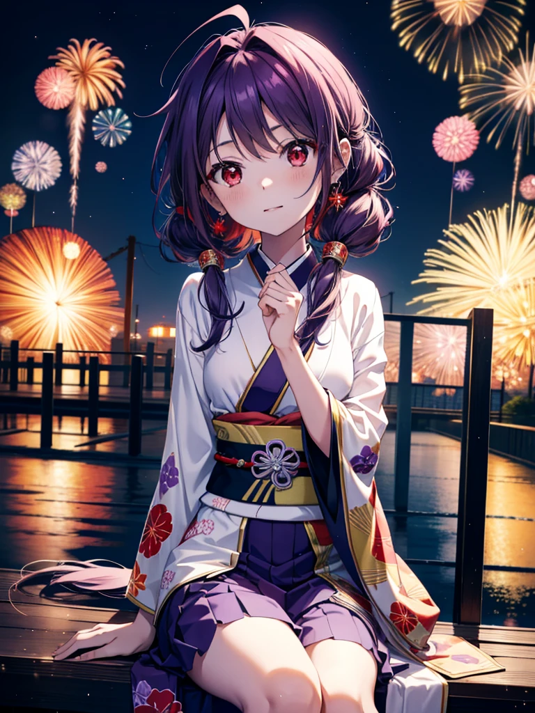 yuukikonno, Yuuki Konno, banda para el cabello, pelo largo, orejas puntiagudas, cabello morado, ahogo,(ojos rojos:1.5), (senos pequeños:1.2),cola gemela baja,sonrisa,rubor,Abre la boca,kimono morado,falda larga morada,fuegos artificiales in the night sky,fuegos artificiales,El lugar es un espectáculo de fuegos artificiales.,el tiempo es noche,Día soleado,sentado en un banco,campanas de viento,todo el cuerpoがイラストに入るよう,
BREAK mirando al espectador, , todo el cuerpo, (tiro de vaquero:1. 5)
Descansar en el interior, Veranda,Jardín japonés,
break (obra maestra:1.2), de la máxima calidad, alta resolución, Fondo de pantalla de unidad 8k, (cifra:0.8), (Hermosa atención al detalle.:1.6), rostro muy detallado, iluminación perfecta, Altamente detallado CG, (Manos perfectas, anatomía perfecta),