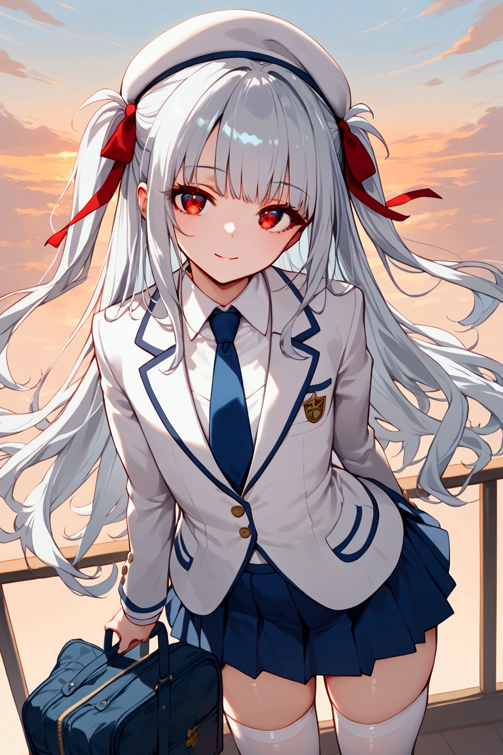 score_9, score_8_up, score_7_up, rating_safe, masterpiece, best quality, very aesthetic, absurdres, 1girl, solo, solo forcus, silver hair, long hair, two side up, bangs, red eyes, (beret, white beret), (hair ribbon, red ribbon), (blazer, white blazer:1.2), (blue necktie:1.2), long sleeves, blue skirt, pleated skirt, faint lips, light smile, thighhighs, white thighhighs, school bag, petite, flat chest, from above, leaning forward, looking at viewer, sky, sunset, golden hour