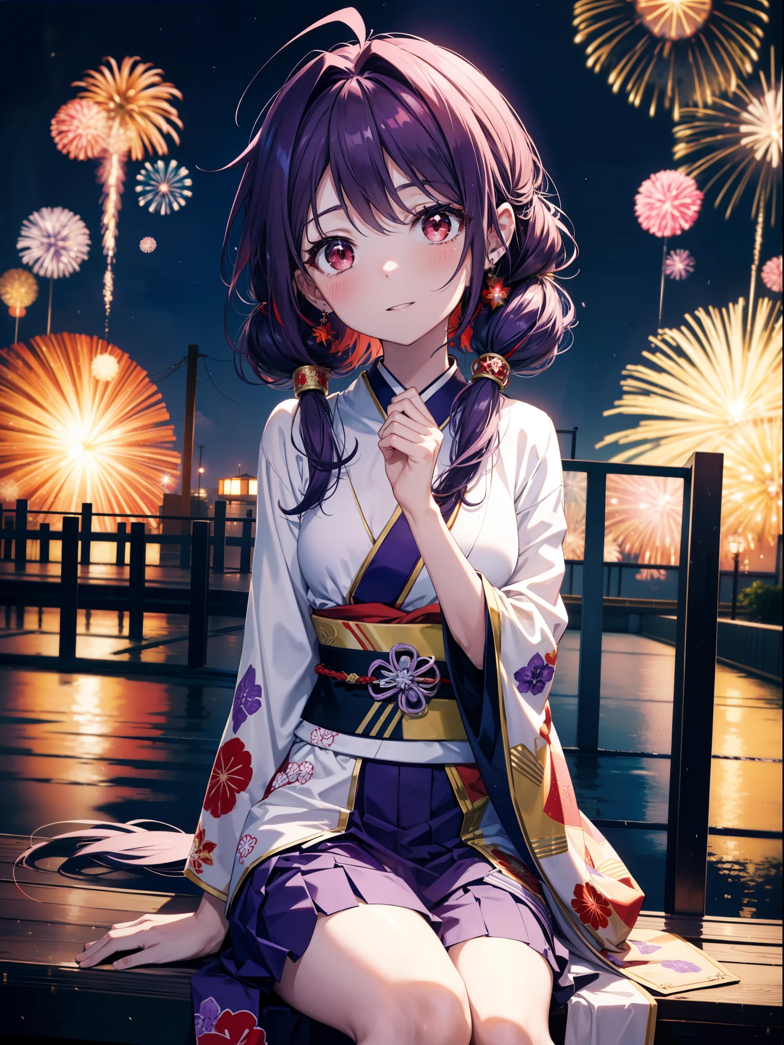 yuukikonno, Yuuki Konno, hair band, Long Hair, Pointed Ears, Purple Hair, Ahoge,(Red eyes:1.5), (Small breasts:1.2),low twin tail,smile,blush,Open your mouth,Purple Kimono,Purple long skirt,Fireworks in the night sky,Fireworks,The place is a fireworks display,Time is night,sunny day,Sitting on a bench,Wind Chimes,whole bodyがイラストに入るよう,
break looking at viewer, , whole body, (Cowboy Shot:1. 5)
break indoors, Veranda,Japanese garden,
break (masterpiece:1.2), Highest quality, High resolution, unity 8k wallpaper, (figure:0.8), (Beautiful attention to detail:1.6), Highly detailed face, Perfect lighting, Highly detailed CG, (Perfect hands, Perfect Anatomy),