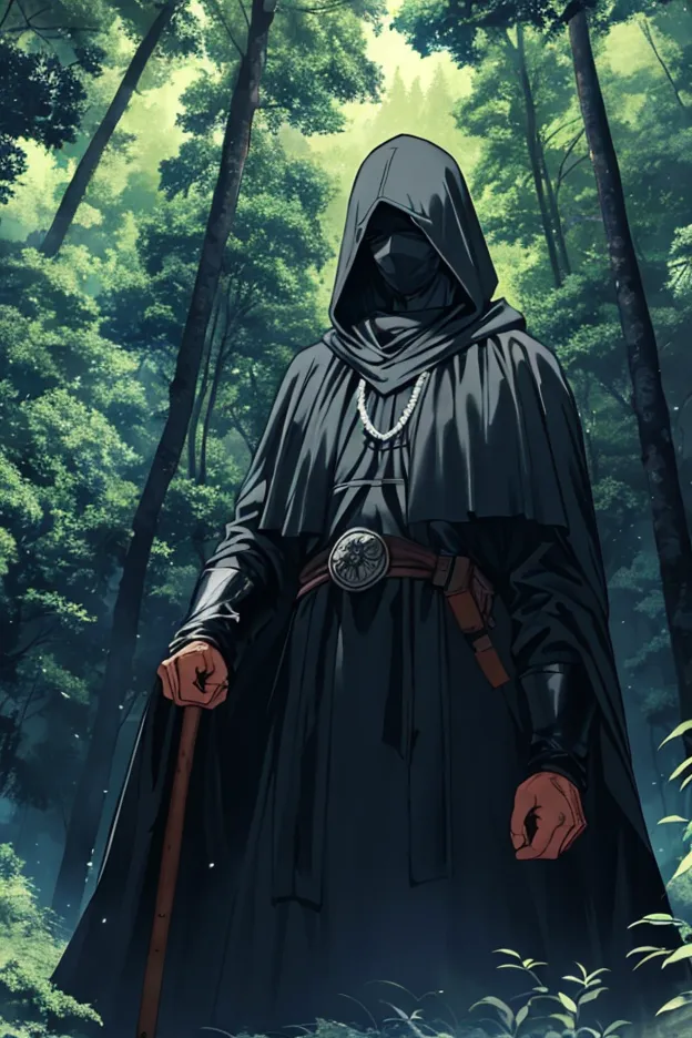 in the forest, a man with a black hood covering his face, who has raised the homeland to the sky, and behind him, mist