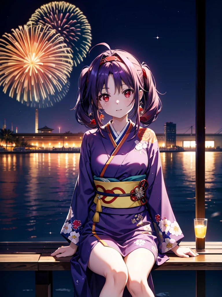 yuukikonno, Yuuki Konno, banda para el cabello, pelo largo, orejas puntiagudas, cabello morado, ahogo,(ojos rojos:1.5), (senos pequeños:1.2),cola gemela baja,sonrisa,rubor,Abre la boca,kimono morado,falda larga morada,fuegos artificiales in the night sky,fuegos artificiales,El lugar es un espectáculo de fuegos artificiales.,el tiempo es noche,Día soleado,sentado en un banco,campanas de viento,todo el cuerpoがイラストに入るよう,
BREAK mirando al espectador, , todo el cuerpo, (tiro de vaquero:1. 5)
Descansar en el interior, Veranda,Jardín japonés,
break (obra maestra:1.2), de la máxima calidad, alta resolución, Fondo de pantalla de unidad 8k, (cifra:0.8), (Hermosa atención al detalle.:1.6), rostro muy detallado, iluminación perfecta, Altamente detallado CG, (Manos perfectas, anatomía perfecta),