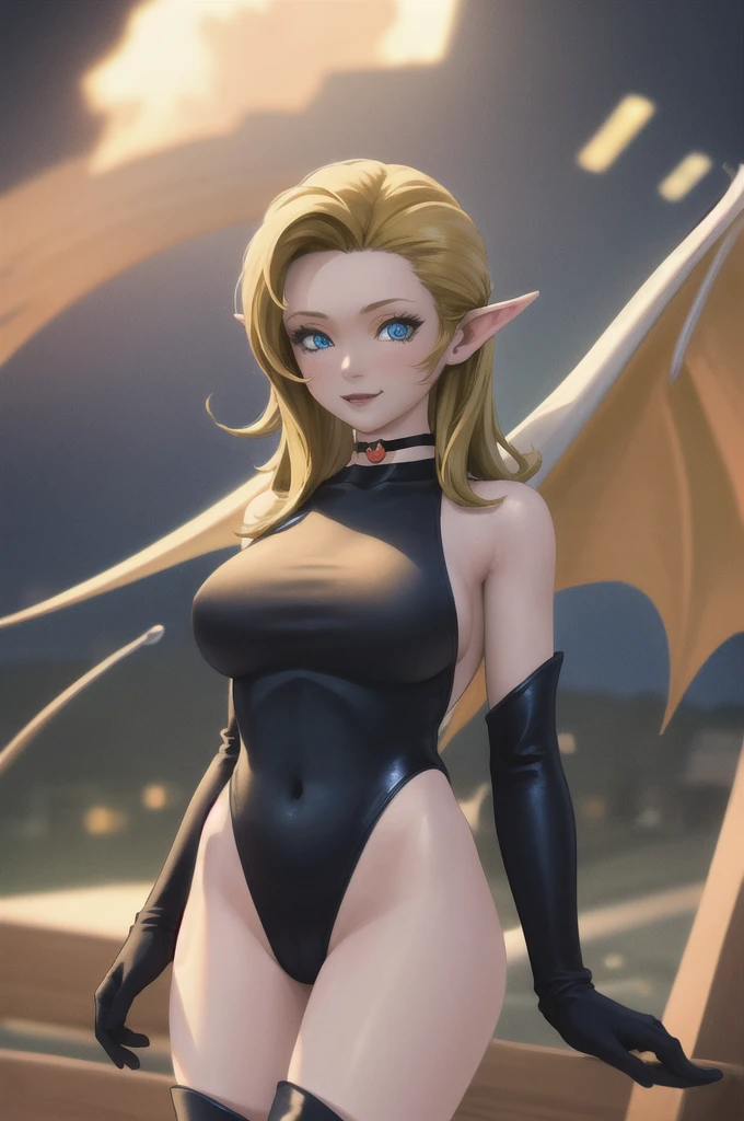 masterpiece, Highest quality, Cowboy Shot, View your viewers, city, Night Big Tits Succubus, Pointed Ears, Blonde, wing, Elbow hand pockets, leotard, Thigh-high boots, blue eyes, Long Hair, Side bust, choker