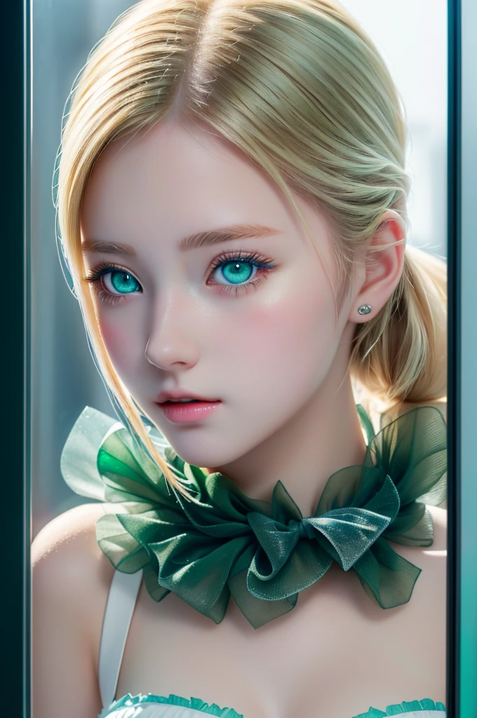 anime girl with blue eyes looking through broken glass window, portrait of a girl, detailed portrait of a girl, RAW photo, beautiful portrait, smooth  cg art, wallpaper 8 k, blond hair, pony tail, (green eye:1.2), cute young girl, 