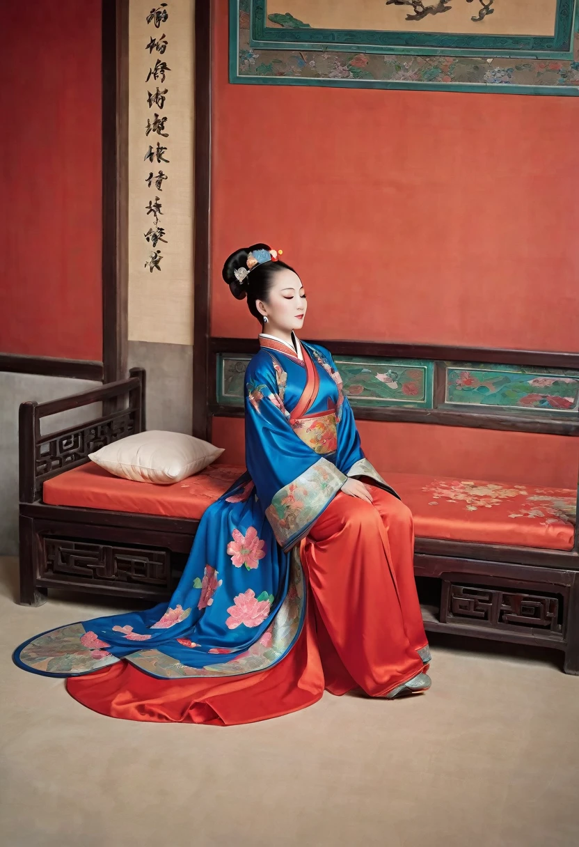 A side view of a Chinese empress, relaxing with her large buttocks sticking out and her legs stretched out. An angle of her buttocks from below. The background is a room in a Chinese palace during the Qing dynasty. She is sleeping in red Hanfu with only her large buttocks sticking out. She is either wearing underwear or not, and her protruding buttocks are floating up.　　　　　　　　　　　　　　　　　　　　　　　　　　　　　　 Her hair is decorated with a large, flashy flower.　 The back of the hair is tied up and up.　Erotic Woman