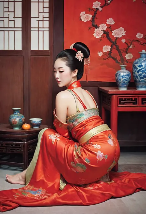 A side view of a Chinese empress, relaxing with her large buttocks sticking out and her legs stretched out. An angle of her butt...