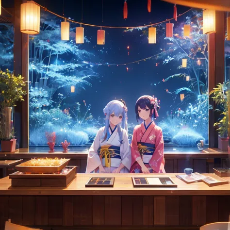 Tanabata in the night sky　Girls and men in Chinese style kimonos（lover）　Bamboo forest and paper strips　Have shaved ice　restauran...