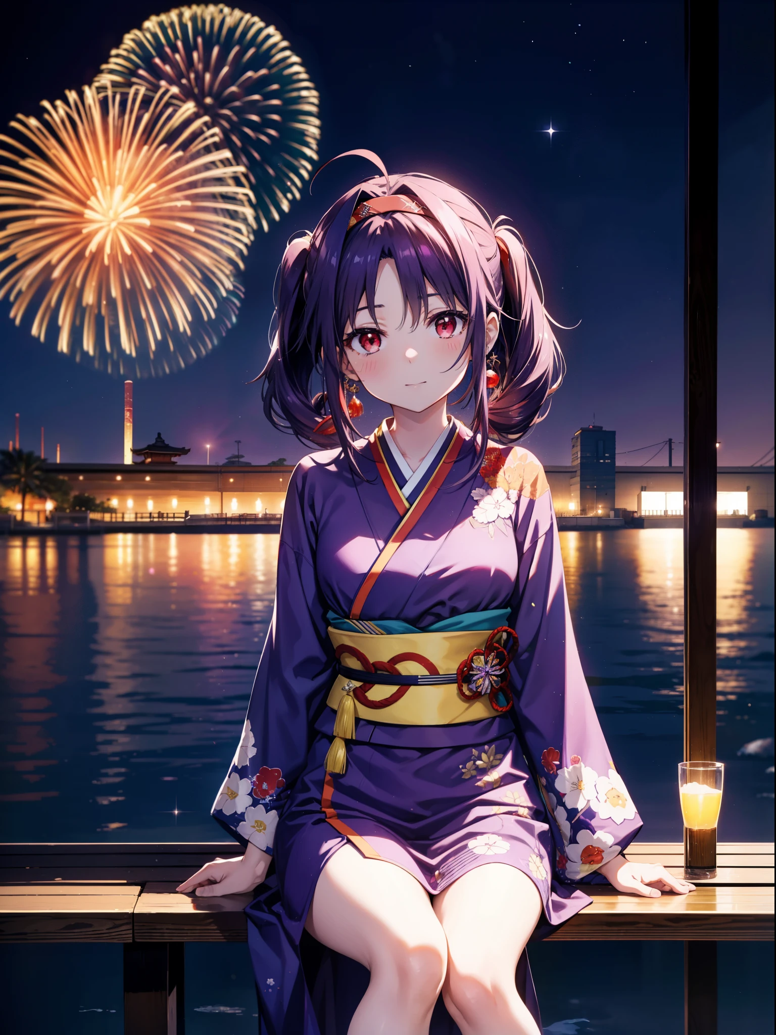 yuukikonno, Yuuki Konno, hair band, Long Hair, Pointed Ears, Purple Hair, Ahoge,(Red eyes:1.5), (Small breasts:1.2),low twin tail,smile,blush,Open your mouth,Purple Kimono,Purple long skirt,Fireworks in the night sky,Fireworks,The place is a fireworks display,Time is night,sunny day,Sitting on a bench,Wind Chimes,whole bodyがイラストに入るよう,
break looking at viewer, , whole body, (Cowboy Shot:1. 5)
break indoors, Veranda,Japanese garden,
break (masterpiece:1.2), Highest quality, High resolution, unity 8k wallpaper, (figure:0.8), (Beautiful attention to detail:1.6), Highly detailed face, Perfect lighting, Highly detailed CG, (Perfect hands, Perfect Anatomy),