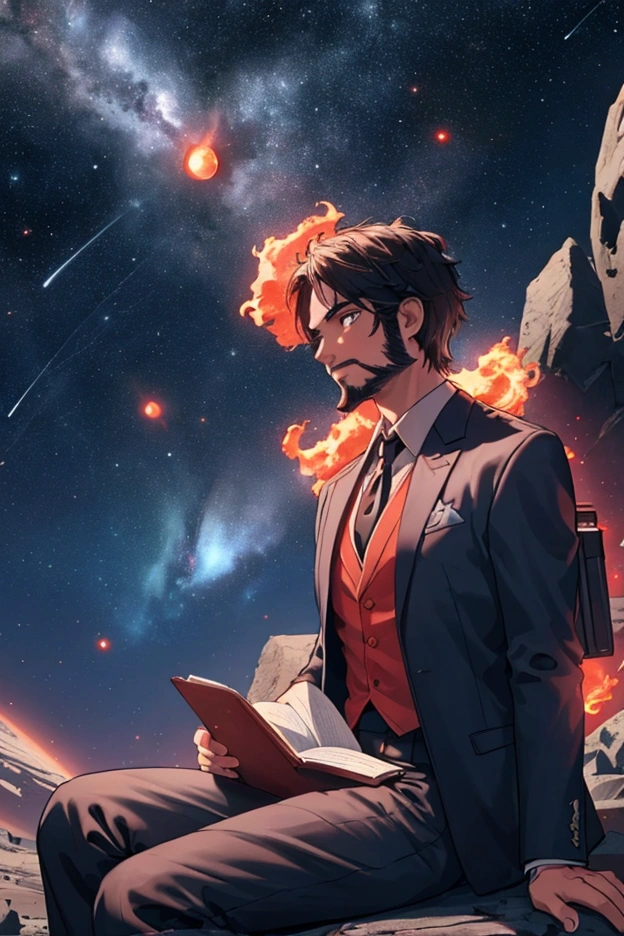 Draw a young programmer, sitting on a research platform floating in the middle of an asteroid belt. He is studying with a notebook, surrounded by several asteroids glowing with fiery auras. Dramatic lighting from distant stars and planets illuminates the scene, casting deep shadows on the suit. The young man looks confident and determined, looking at the vast and mysterious universe with wonder and respect,facial hair, cowboy shot,