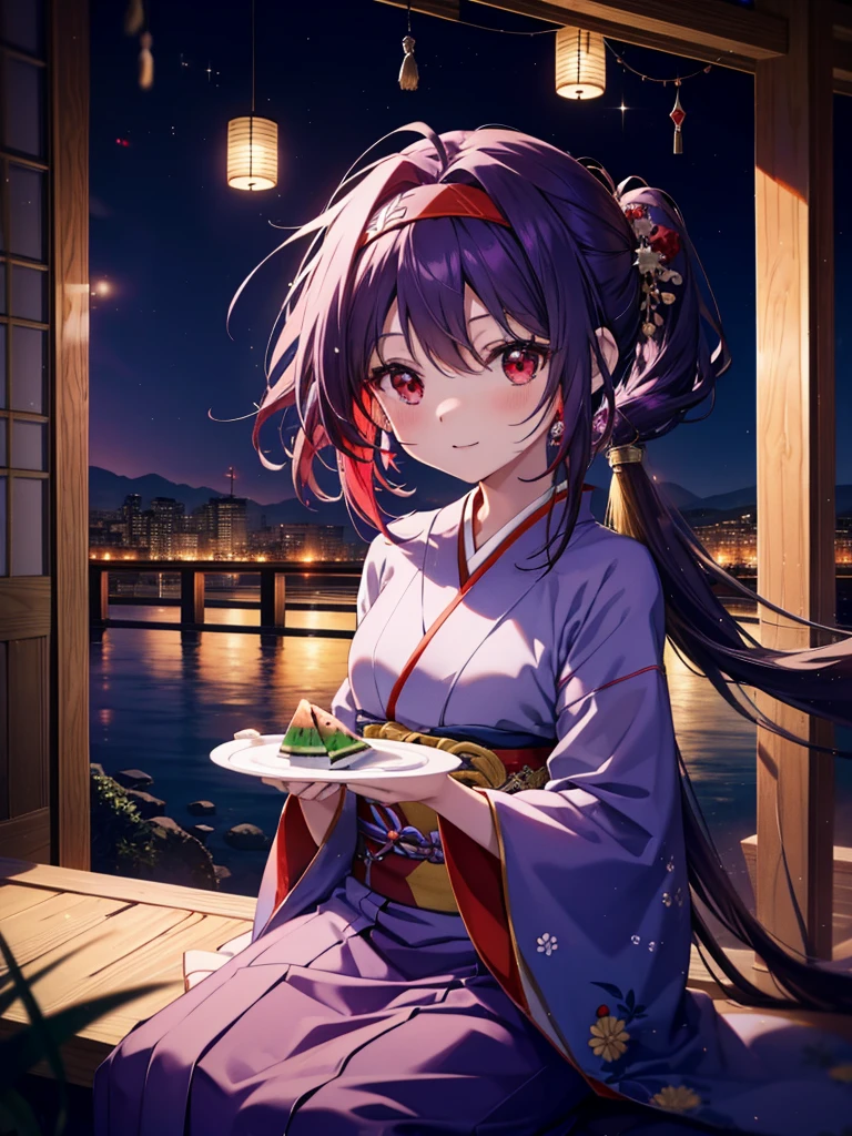 yuukikonno, Yuuki Konno, banda para el cabello, pelo largo, orejas puntiagudas, cabello morado, ahogo,(ojos rojos:1.5), (senos pequeños:1.2),cola gemela baja,sonrisa,rubor,Abre la boca,kimono morado,falda larga morada,fuegos artificiales in the night sky,fuegos artificiales,El lugar es un espectáculo de fuegos artificiales.,el tiempo es noche,Día soleado,sentado en un banco,Un trozo triangular de sandía roja se coloca en un plato sobre un banco.,campanas de viento,todo el cuerpoがイラストに入るよう,
BREAK mirando al espectador, , todo el cuerpo, (tiro de vaquero:1. 5)
Descansar en el interior, Veranda,Jardín japonés,
break (obra maestra:1.2), de la máxima calidad, alta resolución, Fondo de pantalla de unidad 8k, (cifra:0.8), (Hermosa atención al detalle.:1.6), rostro muy detallado, iluminación perfecta, Altamente detallado CG, (Manos perfectas, anatomía perfecta),