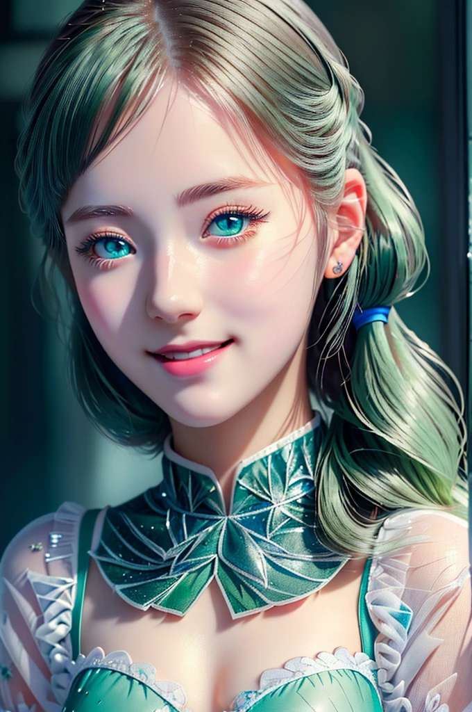 anime girl with blue eyes looking through broken glass window, portrait of a girl, (smile:1.2), detailed portrait of a girl, RAW photo, beautiful portrait, smooth  cg art, wallpaper 8 k, clolorful hair, pony tail, (green eye:1.2), cute young girl, white shirt,