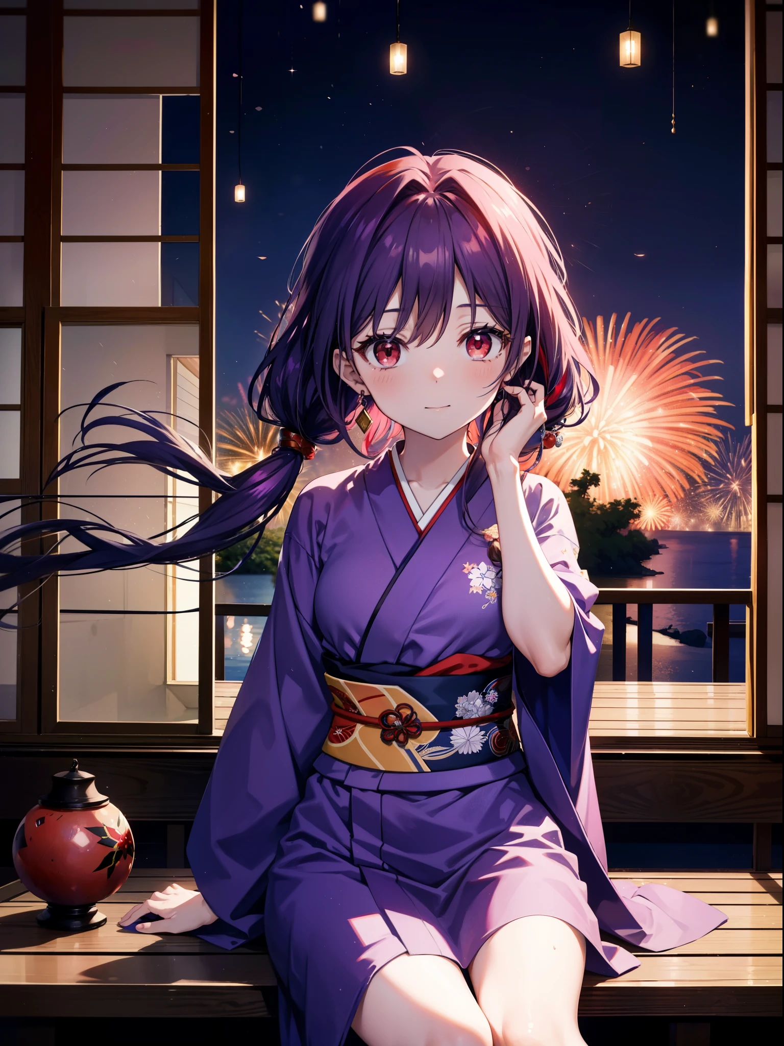 yuukikonno, Yuuki Konno, banda para el cabello, pelo largo, orejas puntiagudas, cabello morado, ahogo,(ojos rojos:1.5), (senos pequeños:1.2),cola gemela baja,sonrisa,rubor,Abre la boca,kimono morado,falda larga morada,fuegos artificiales in the night sky,fuegos artificiales,El lugar es un espectáculo de fuegos artificiales.,el tiempo es noche,Día soleado,sentado en un banco,Un trozo triangular de sandía roja se coloca en un plato sobre un banco.,campanas de viento,todo el cuerpoがイラストに入るよう,
BREAK mirando al espectador, , todo el cuerpo, (tiro de vaquero:1. 5)
Descansar en el interior, Veranda,Jardín japonés,
break (obra maestra:1.2), de la máxima calidad, alta resolución, Fondo de pantalla de unidad 8k, (cifra:0.8), (Hermosa atención al detalle.:1.6), rostro muy detallado, iluminación perfecta, Altamente detallado CG, (Manos perfectas, anatomía perfecta),