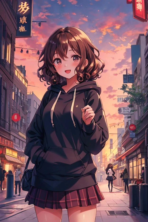 (best quality:0.8) perfect anime illustration, a pretty, happy woman with short curly brown hair on the street in the city, wearing a hoodie, skirt