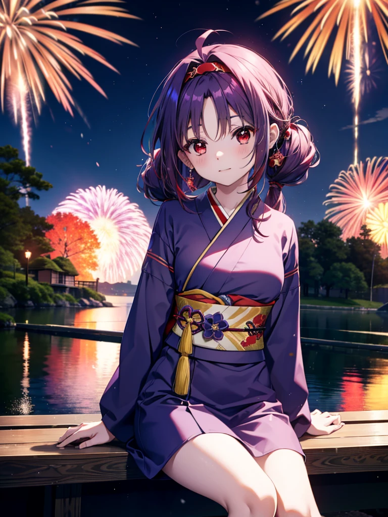 yuukikonno, Yuuki Konno, banda para el cabello, pelo largo, orejas puntiagudas, cabello morado, ahogo,(ojos rojos:1.5), (senos pequeños:1.2),cola gemela baja,sonrisa,rubor,Abre la boca,kimono morado,falda larga morada,fuegos artificiales in the night sky,fuegos artificiales,El lugar es un espectáculo de fuegos artificiales.,el tiempo es noche,Día soleado,sentado en un banco,Un trozo triangular de sandía roja se coloca en un plato sobre un banco.,campanas de viento,todo el cuerpoがイラストに入るよう,
BREAK mirando al espectador, , todo el cuerpo, (tiro de vaquero:1. 5)
Descansar en el interior, Veranda,Jardín japonés,
break (obra maestra:1.2), de la máxima calidad, alta resolución, Fondo de pantalla de unidad 8k, (cifra:0.8), (Hermosa atención al detalle.:1.6), rostro muy detallado, iluminación perfecta, Altamente detallado CG, (Manos perfectas, anatomía perfecta),