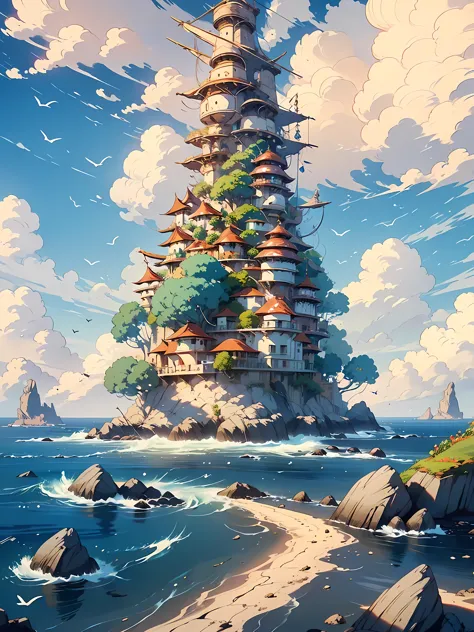 a fantasy-inspired painting of a coastal village in kawacy style, rendered in cinema4d, bulbous, precise nautical details, creat...