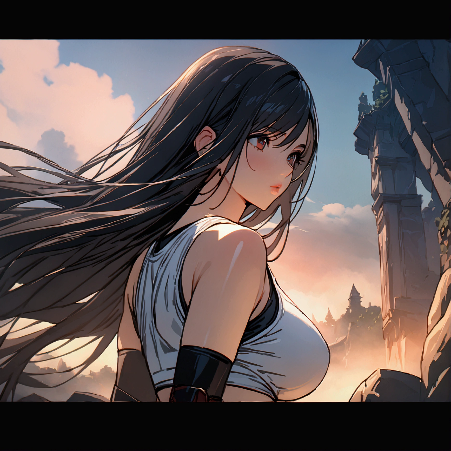 Black hair,Tifa Lockhart,Final Fantasy,8k,beautiful,best quality,detailed,exquisite,extremely detailedfinely detailed,high quality,insanely detailed,masterpiece,ultra detailed,ultra highres,ultra quality