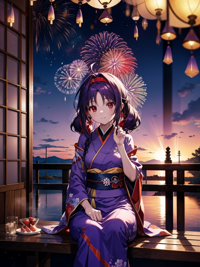 yuukikonno, Yuuki Konno, banda para el cabello, pelo largo, orejas puntiagudas, cabello morado, ahogo,(ojos rojos:1.5), (senos pequeños:1.2),cola gemela baja,sonrisa,rubor,Abre la boca,kimono morado,falda larga morada,fuegos artificiales in the night sky,fuegos artificiales,El lugar es un espectáculo de fuegos artificiales.,el tiempo es noche,Día soleado,sentado en un banco,Un trozo triangular de sandía roja se coloca en un plato sobre un banco.,campanas de viento,todo el cuerpoがイラストに入るよう,
BREAK mirando al espectador, , todo el cuerpo, (tiro de vaquero:1. 5)
Descansar en el interior, Veranda,Jardín japonés,
break (obra maestra:1.2), de la máxima calidad, alta resolución, Fondo de pantalla de unidad 8k, (cifra:0.8), (Hermosa atención al detalle.:1.6), rostro muy detallado, iluminación perfecta, Altamente detallado CG, (Manos perfectas, anatomía perfecta),