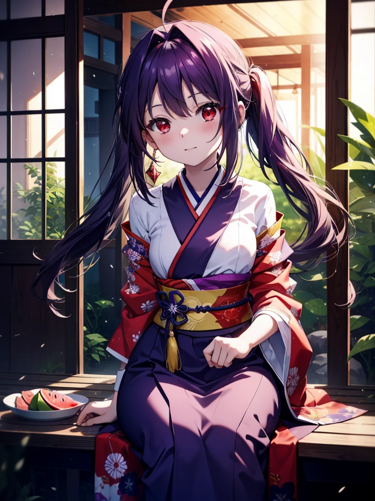 yuukikonno, Yuuki Konno, banda para el cabello, pelo largo, orejas puntiagudas, cabello morado, ahogo,(ojos rojos:1.5), (senos pequeños:1.2),cola gemela baja,sonrisa,rubor,Abre la boca,kimono morado,falda larga morada,fuegos artificiales in the night sky,fuegos artificiales,El lugar es un espectáculo de fuegos artificiales.,el tiempo es noche,Día soleado,sentado en un banco,Un trozo triangular de sandía roja se coloca en un plato sobre un banco.,campanas de viento,todo el cuerpoがイラストに入るよう,
BREAK mirando al espectador, , todo el cuerpo, (tiro de vaquero:1. 5)
Descansar en el interior, Veranda,Jardín japonés,
break (obra maestra:1.2), de la máxima calidad, alta resolución, Fondo de pantalla de unidad 8k, (cifra:0.8), (Hermosa atención al detalle.:1.6), rostro muy detallado, iluminación perfecta, Altamente detallado CG, (Manos perfectas, anatomía perfecta),