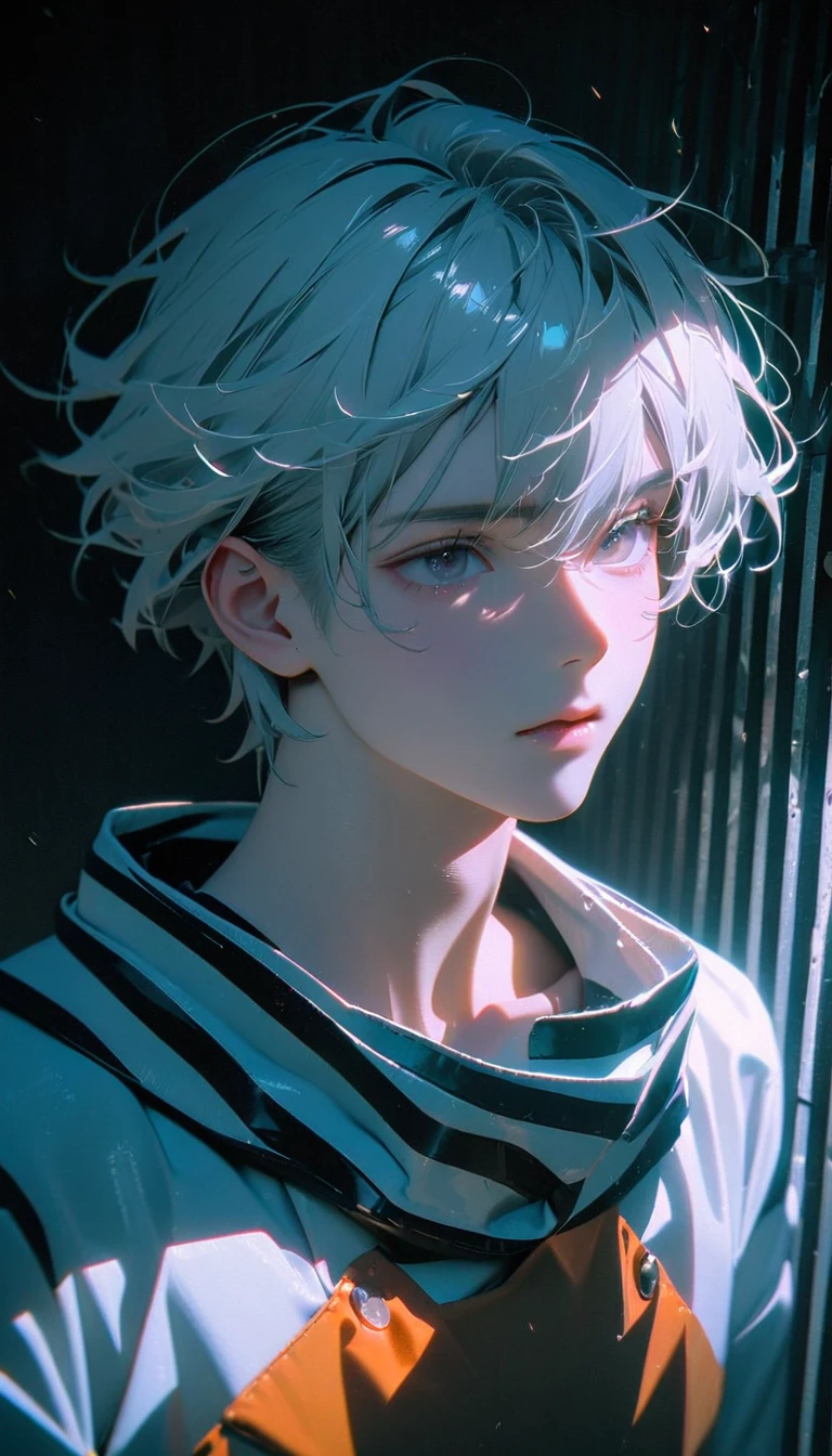 (8k, RAW photos, best quality, masterpiece: 1.4), (((Boy examining himself)))，Ultra-high resolution, Extremely detailed, Dim Lights, Upper body close-up, handsome boy, black eyes, (delicate eyes, Eyes are bright:1.2), Gray short hair, Fair skin,dark, Black and white striped prison uniform,Black and white striped prison pants,(perfect anatomy:1.2), High-quality shadows, Natural Lighting, (White highlights:1.2), night, cloudy day, (Dimly lit cells:1.2), (Metal walls all around:1.2)