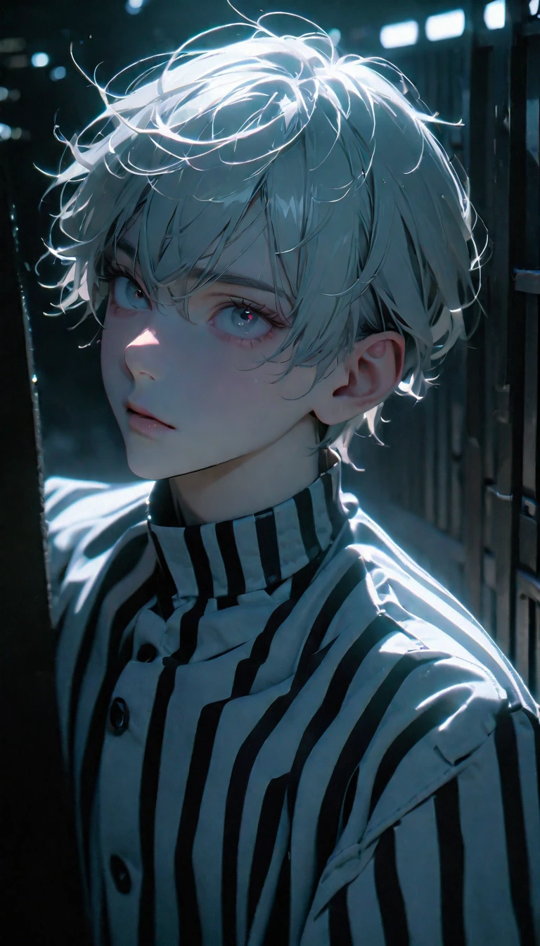 (8k, RAW photos, best quality, masterpiece: 1.4), (((Boy examining himself)))，Ultra-high resolution, Extremely detailed, Dim Lights, Upper body close-up, handsome boy, black eyes, (delicate eyes, Eyes are bright:1.2), Gray short hair, Fair skin,dark, Black and white striped prison uniform,Black and white striped prison pants,(perfect anatomy:1.2), High-quality shadows, Natural Lighting, (White highlights:1.2), night, cloudy day, (Dimly lit cells:1.2), (Metal walls all around:1.2)