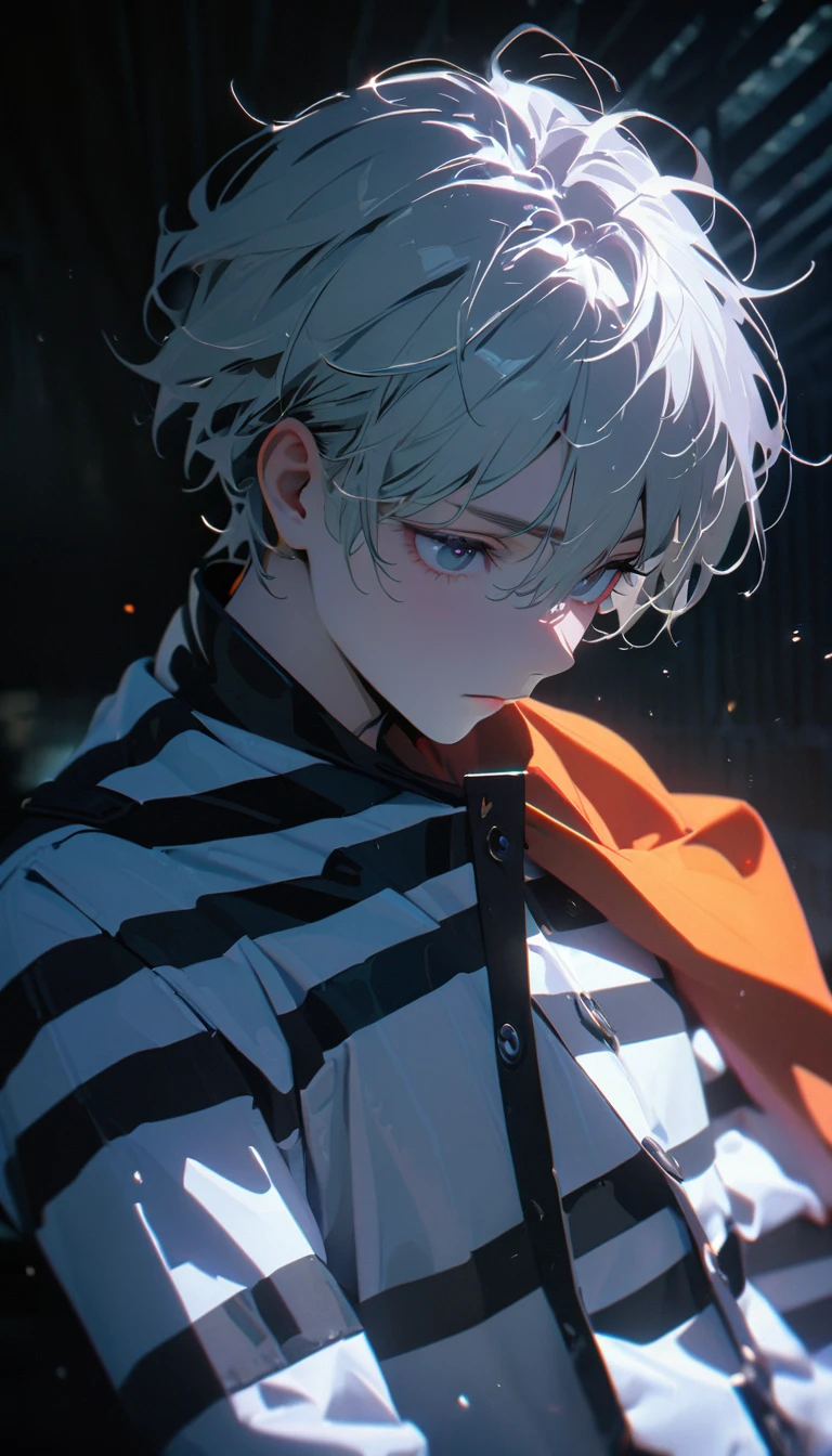 (8k, RAW photos, best quality, masterpiece: 1.4), (((Boy examining himself)))，Ultra-high resolution, Extremely detailed, Dim Lights, Upper body close-up, handsome boy, black eyes, (delicate eyes, Eyes are bright:1.2), Gray short hair, Fair skin,dark, Black and white striped prison uniform,Black and white striped prison pants,(perfect anatomy:1.2), High-quality shadows, Natural Lighting, (White highlights:1.2), night, cloudy day, (Dimly lit cells:1.2), (Metal walls all around:1.2)