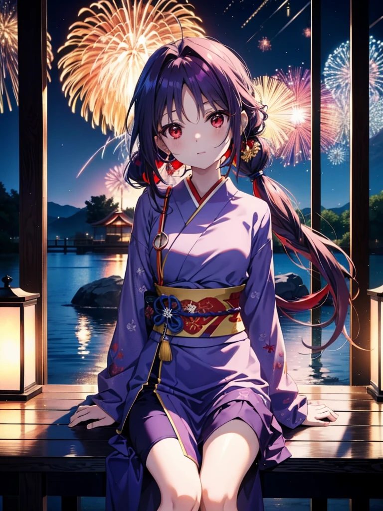 yuukikonno, Yuuki Konno, hair band, Long Hair, Pointed Ears, Purple Hair, Ahoge,(Red eyes:1.5), (Small breasts:1.2),low twin tail,smile,blush,Open your mouth,Purple Kimono,Purple long skirt,Fireworks in the night sky,Fireworks,The place is a fireworks display,Time is night,sunny day,Sitting on a bench,A triangular piece of red watermelon is placed on a plate on a bench.,Wind Chimes,whole bodyがイラストに入るよう,
break looking at viewer, , whole body, (Cowboy Shot:1. 5)
break indoors, Veranda,Japanese garden,
break (masterpiece:1.2), Highest quality, High resolution, unity 8k wallpaper, (figure:0.8), (Beautiful attention to detail:1.6), Highly detailed face, Perfect lighting, Highly detailed CG, (Perfect hands, Perfect Anatomy),