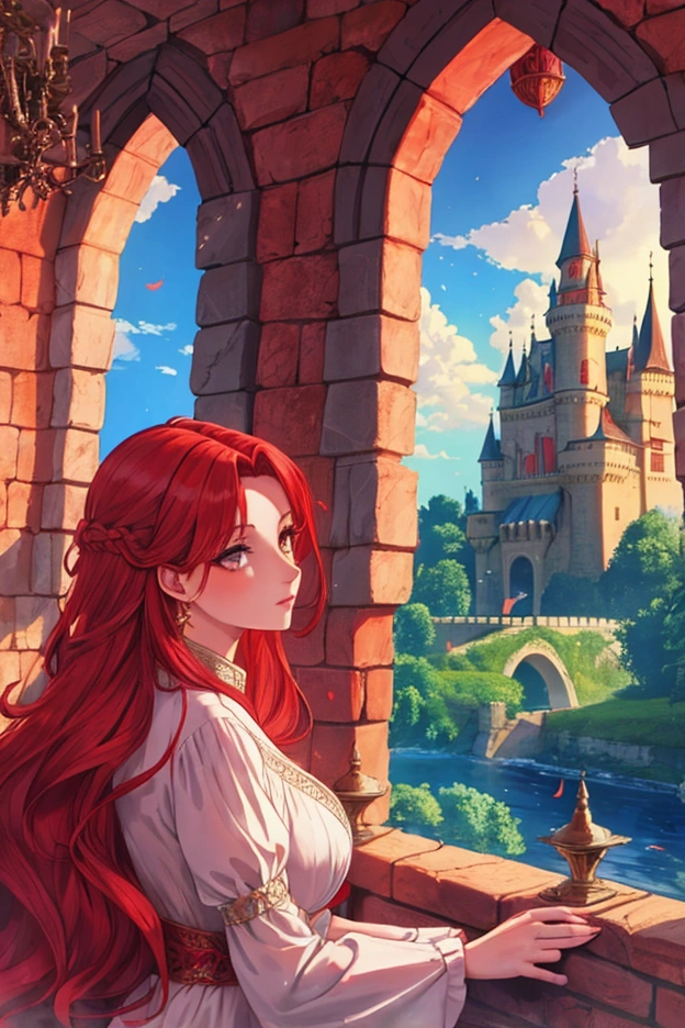 Beautiful woman with red hair in an enchanted castle