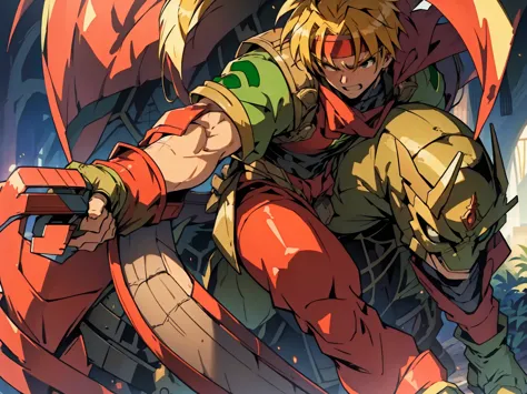 huge muscles,huge erect penis,claude,intense ,armor,red bandana,green globe,hero suit