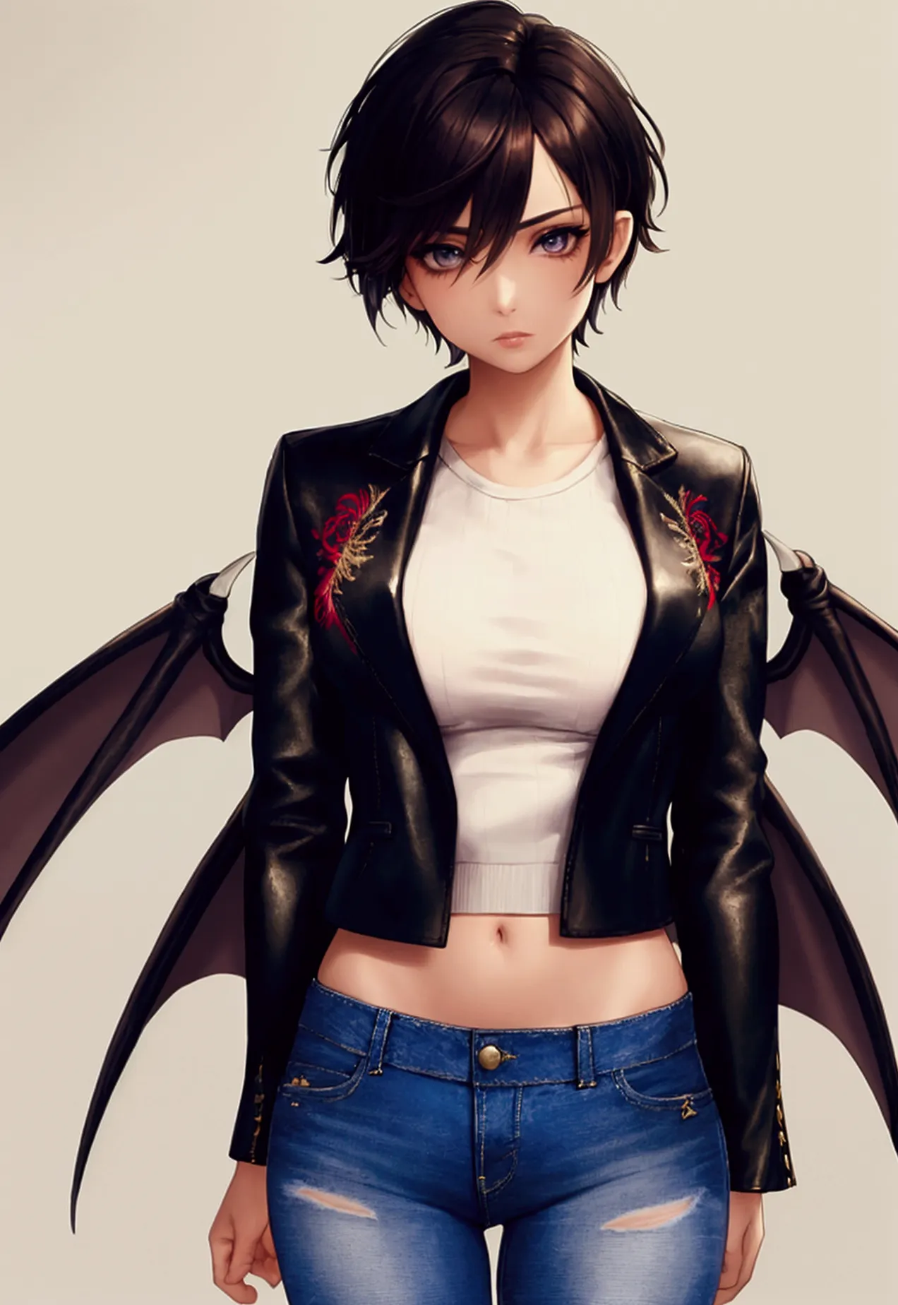 masterpiece, high quality,1girl,solo,middle breast , short hair, (hair between eyes),(00BFFE pixie cut), Bat wings, Disappointed...
