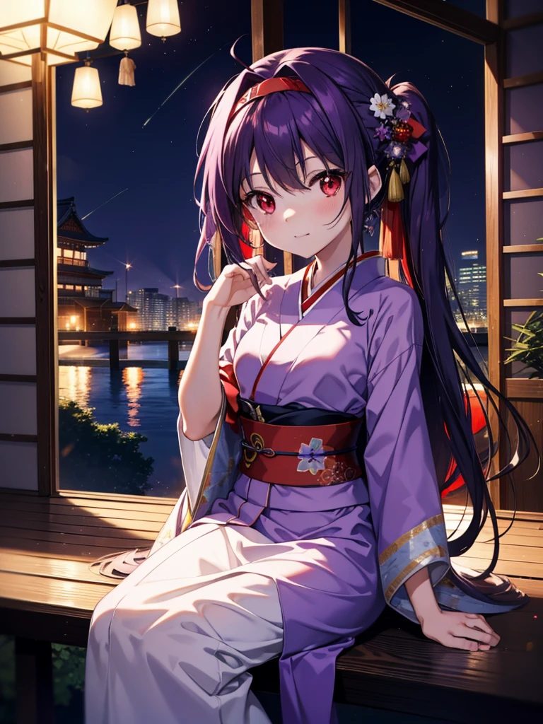 yuukikonno, Yuuki Konno, hair band, Long Hair, Pointed Ears, Purple Hair, Ahoge,(Red eyes:1.5), (Small breasts:1.2),low twin tail,smile,blush,Open your mouth,Purple Kimono,Purple long skirt,Fireworks in the night sky,Fireworks,The place is a fireworks display,Time is night,sunny day,Sitting on a bench,A triangular piece of red watermelon is placed on a plate on a bench.,Wind Chimes,whole bodyがイラストに入るよう,
break looking at viewer, , whole body, (Cowboy Shot:1. 5)
break indoors, Veranda,Japanese garden,
break (masterpiece:1.2), Highest quality, High resolution, unity 8k wallpaper, (figure:0.8), (Beautiful attention to detail:1.6), Highly detailed face, Perfect lighting, Highly detailed CG, (Perfect hands, Perfect Anatomy),