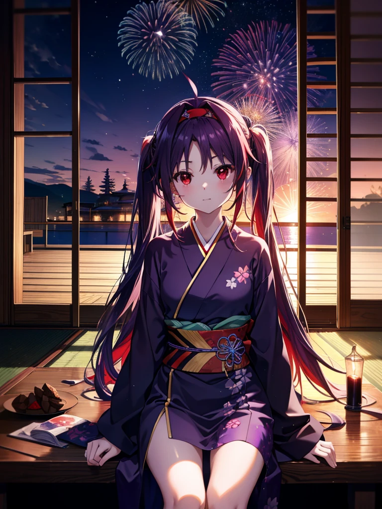 yuukikonno, Yuuki Konno, banda para el cabello, pelo largo, orejas puntiagudas, cabello morado, ahogo,(ojos rojos:1.5), (senos pequeños:1.2),cola gemela baja,sonrisa,rubor,Abre la boca,kimono morado,falda larga morada,fuegos artificiales in the night sky,fuegos artificiales,El lugar es un espectáculo de fuegos artificiales.,el tiempo es noche,Día soleado,sentado en un banco,Un trozo triangular de sandía roja se coloca en un plato sobre un banco.,campanas de viento,todo el cuerpoがイラストに入るよう,
BREAK mirando al espectador, , todo el cuerpo, (tiro de vaquero:1. 5)
Descansar en el interior, Veranda,Jardín japonés,
break (obra maestra:1.2), de la máxima calidad, alta resolución, Fondo de pantalla de unidad 8k, (cifra:0.8), (Hermosa atención al detalle.:1.6), rostro muy detallado, iluminación perfecta, Altamente detallado CG, (Manos perfectas, anatomía perfecta),