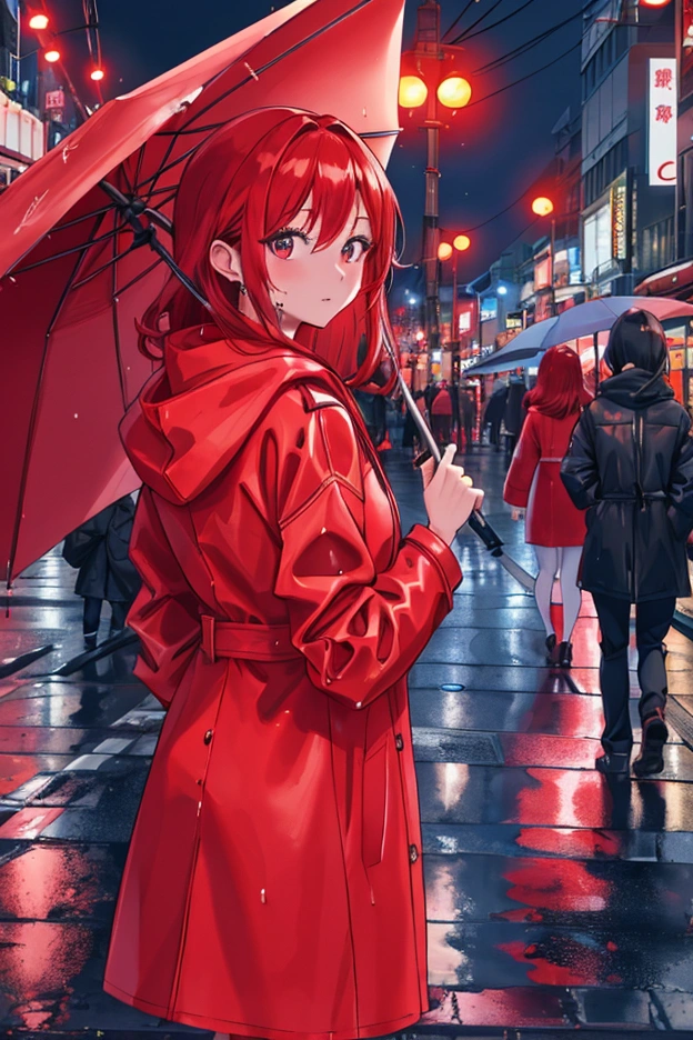 8k photo portrait of a redhead woman in a red raincoat, at a bustling crosswalk in shibuya at night, Highly Detailed, Vibrant, Production Cinematic, reflections on wet street, 8k, film grain