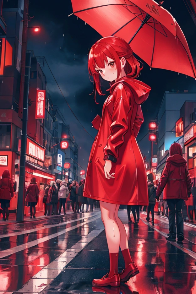 8k photo portrait of a redhead woman in a red raincoat, at a bustling crosswalk in shibuya at night, Highly Detailed, Vibrant, Production Cinematic, reflections on wet street, 8k, film grain