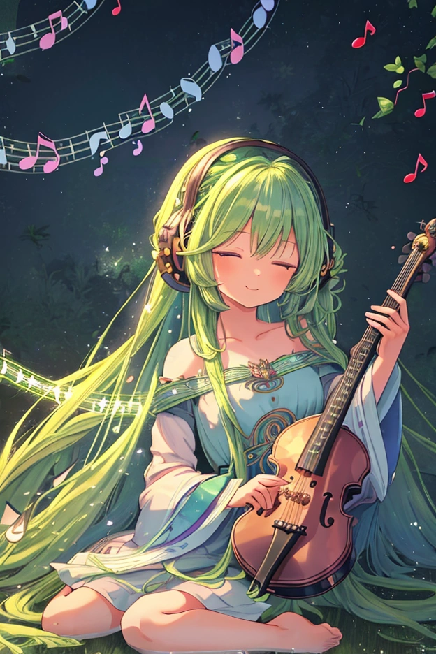 (masterpiece, best quality, highres:1.3), ultra resolution image, (1girl), (solo), kawaii, green flowing hair, long hair, lute,cute face, musical, surrounded by music notes, (music filling the air:1.5), fantasy, harmony, melody, soft, night time, (serene background:1.3), vivid color, sitting, (magical, musical aura:1.3), smile softly, forest, leaf, bird on head, nature, sitting