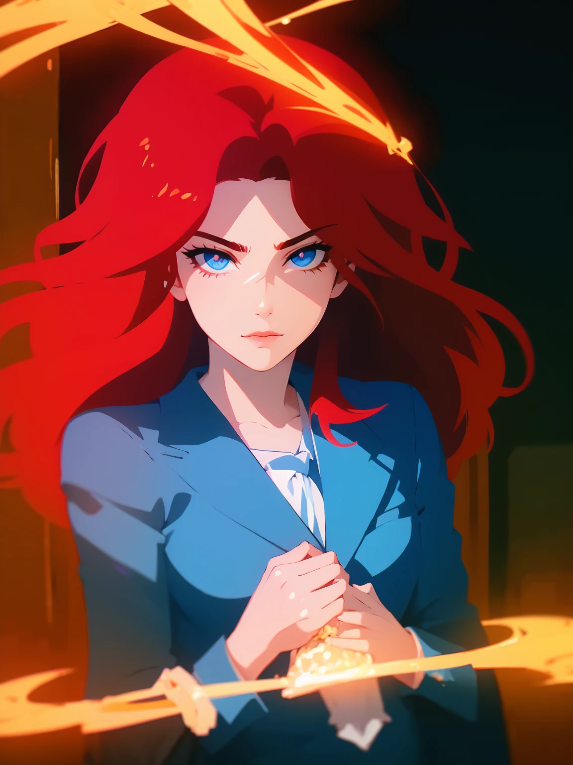 A girl with red wavy hair, detailed facial features, blue tie, praying, red background, best quality, 4k, 8k, highres, masterpiece:1.2, ultra-detailed, realistic, photorealistic, photo-realistic:1.37, HDR, UHD, studio lighting, ultra-fine painting, sharp focus, physically-based rendering, extreme detail description, professional, vivid colors, bokeh, portrait