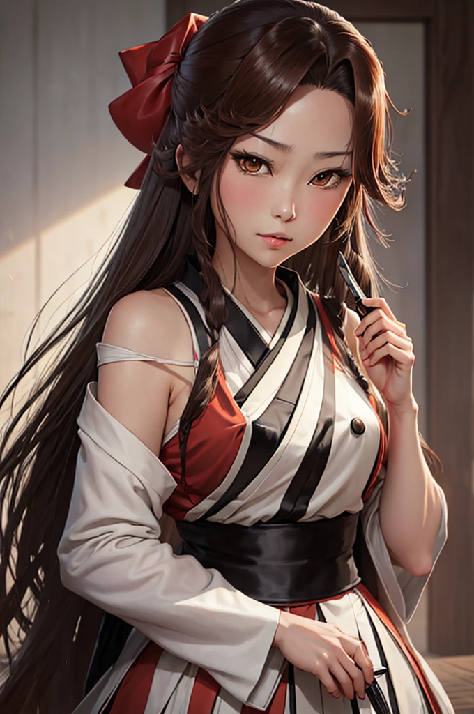 an anime style drawing of an asian woman holding a knife and staring into the camera, 1girl, solo, jintsuu (kancolle), long hair, japanese clothes, brown hair, kimono