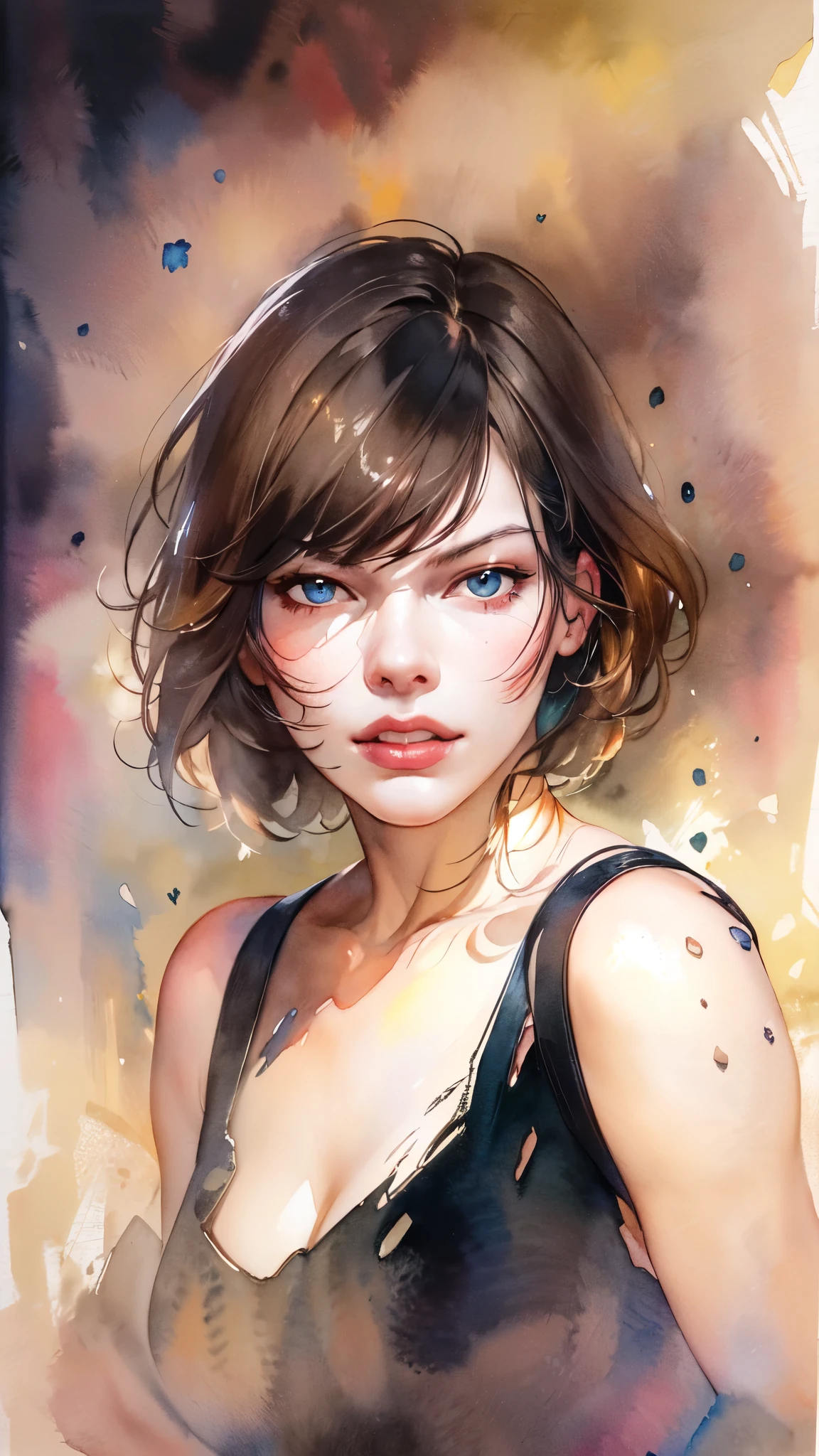 (masterpiece:1.2),(Highest quality),(Very detailed),(High resolution),(watercolor),8k,wallpaper,Milla Jovovich,Black Dress,(Perfect Eyes),(Beautiful gradation created by layering),(Tarashikomi technique)