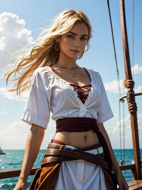 Beautiful female pirate、Blonde、One arm of his white shirt is rolled up to his elbow、Standing by the rope、The crimson cloth wrapped around her waist flutters in the wind.、Watercolor