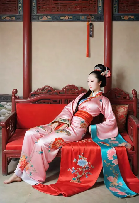 A side view of a Chinese empress, relaxing with her large buttocks sticking out and her legs stretched out. An angle of her butt...