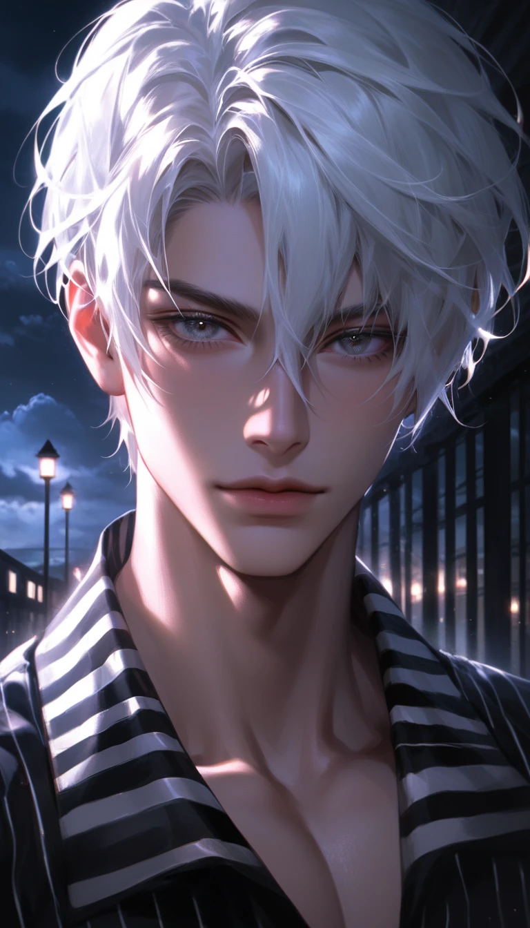 (8k, RAW photos, best quality, masterpiece: 1.4), (((Boy examining himself)))，Ultra-high resolution, Extremely detailed, Dim Lights, Upper body close-up, handsome boy, black eyes, (delicate eyes, Eyes are bright:1.2), Gray short hair, Fair skin,dark, Black and white striped prison uniform,Black and white striped prison pants,(perfect anatomy:1.2), High-quality shadows, Natural Lighting, (White highlights:1.2), night, cloudy day, (Dimly lit cells:1.2), (Metal walls all around:1.2)