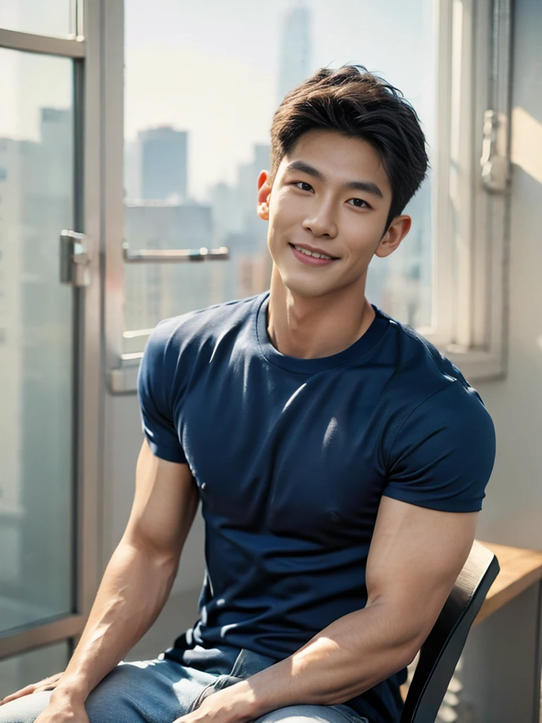 , (As a matter of fact, Masterpiece, 8k HD, good light quality, Navy blue sportswear, fit the face, complicated details), A handsome, muscular young Korean man sits on a chair with muscular arms. , 20 years old, be happy, smile brightly, detailed face, delicate eyes, look at the sky, Wear a tight blue t-shirt.:1.6 , jeans period, black eyes, Black hair color, ผมsmooth, smooth，Surreal，Superb details，Highest quality，real，Open your mouth to talk. , Close your eyes., (standing in the football field:1.1)