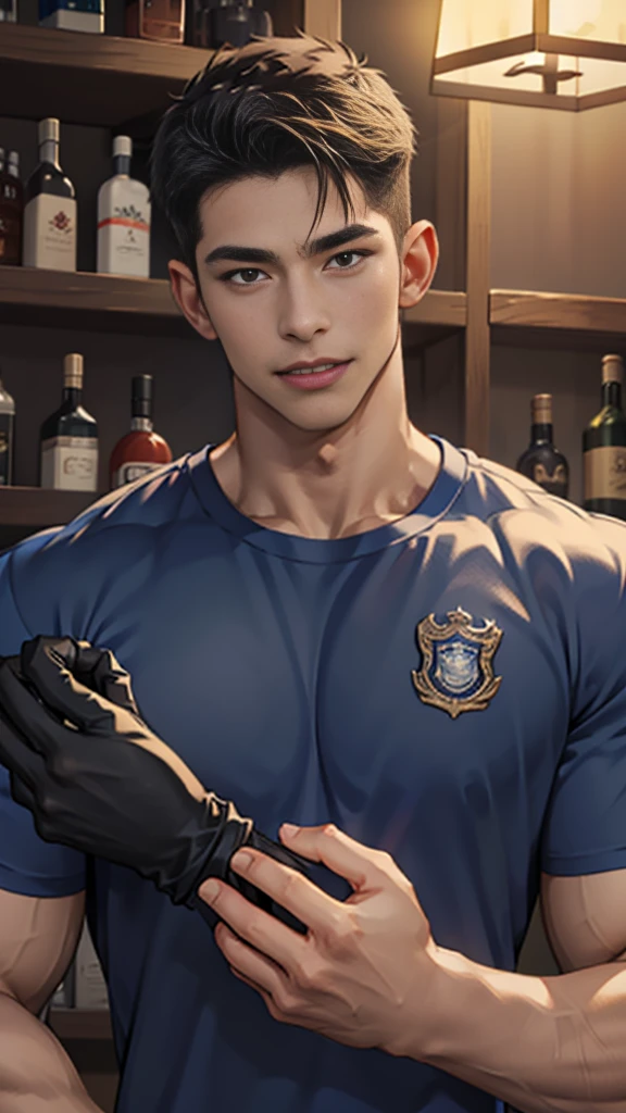 Handsome young man, thin mustache, alone,Hair cutting team,(He wore a navy blue round neck t-shirt with a police badge on it..:1.2),Blue Jeans,(black_glove:1.3),Korean people,chest muscles,large arm muscles,blood vessel,big muscles,Broad shoulders,open mouth, (short hair:1.4),(full_shoot:1.2), (inside the narrow bar counter),(The audience was very excited.:1.4),(neon light),(The light is dim.:1.3),bar,Nightclub,