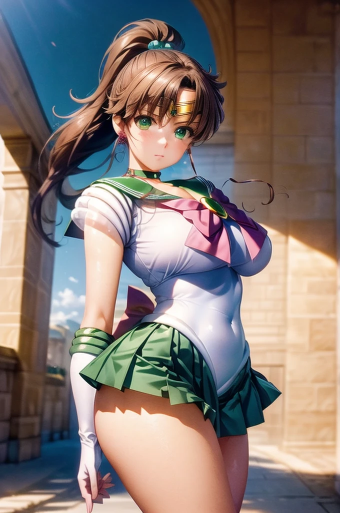 Sailor Juvita、Makoto Kino、Large Breasts、Good body、Poses that accentuate the chest、Blushing、High ponytail、hmjupiter, green eyes, ponytail, tiara, jewelry, sailor senshi uniform, green sailor collar, choker, elbow gloves, white gloves, pink bow, brooch, white leotard, green skirt, pleated skirtmasterpiece, best quality, ultra-detailed,illustration, (1 girl), 20 years old, sailor jupiter, sailor senshi uniform, Kino Makoto, 独奏, skirt, brown hair, green sailor collar, green eyes, green choker, outdoors, gloves, green skirt, sailor collar, white gloves, bow, jewelry, boots, hair ornament, choker, elbow gloves, ponytail, sky, earrings, green footwear, day, magical girl, looking at viewer, long hair, back bow, pleated skirt, cloud, covered navel, pink bow, blue sky, hair bobbles, brooch, closed mouth, tree, tiara, thighs, breasts, grass, bangs, leotard, blush, miniskirt, standing, circlet,various pose, 