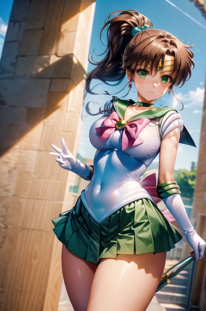 Sailor Juvita、Makoto Kino、Large Breasts、Good body、Poses that accentuate the chest、Blushing、High ponytail、hmjupiter, green eyes, ponytail, tiara, jewelry, sailor senshi uniform, green sailor collar, choker, elbow gloves, white gloves, pink bow, brooch, white leotard, green skirt, pleated skirtmasterpiece, best quality, ultra-detailed,illustration, (1 girl), 20 years old, sailor jupiter, sailor senshi uniform, Kino Makoto, 独奏, skirt, brown hair, green sailor collar, green eyes, green choker, outdoors, gloves, green skirt, sailor collar, white gloves, bow, jewelry, boots, hair ornament, choker, elbow gloves, ponytail, sky, earrings, green footwear, day, magical girl, looking at viewer, long hair, back bow, pleated skirt, cloud, covered navel, pink bow, blue sky, hair bobbles, brooch, closed mouth, tree, tiara, thighs, breasts, grass, bangs, leotard, blush, miniskirt, standing, circlet,various pose, 