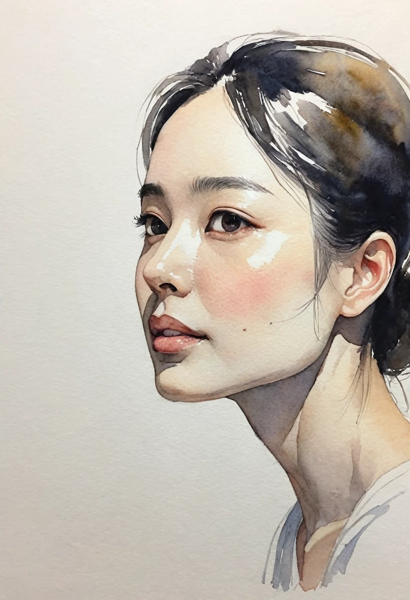 Elegant Maiden,(watercolor \(Moderate\):1.25),Pen sketch，Gentle brushwork，Draw delicate lines with a pen，Fluid Action，微妙的ink色调，Graceful posture，Beautiful Faces、Calm expression，An elegant look，Sharp eyes、A faint smile、ink，Elegant appearance、mud，colorful，clean、 Expressive facial expressions and posture, Minimalist Background, Emphasis on light and shadow and spatial perception, Plenty of negative space, young woman.ink肖像画,Smooth flowing lines,Expressive Face,Delicate emotions,inkのコントラスト,Simple Background,Emphasis on light and shadow,amplitude,Plenty of negative space,Peaceful atmosphere,Serene atmosphere,It&#39;s like a dream,Delicate yet fascinating details,