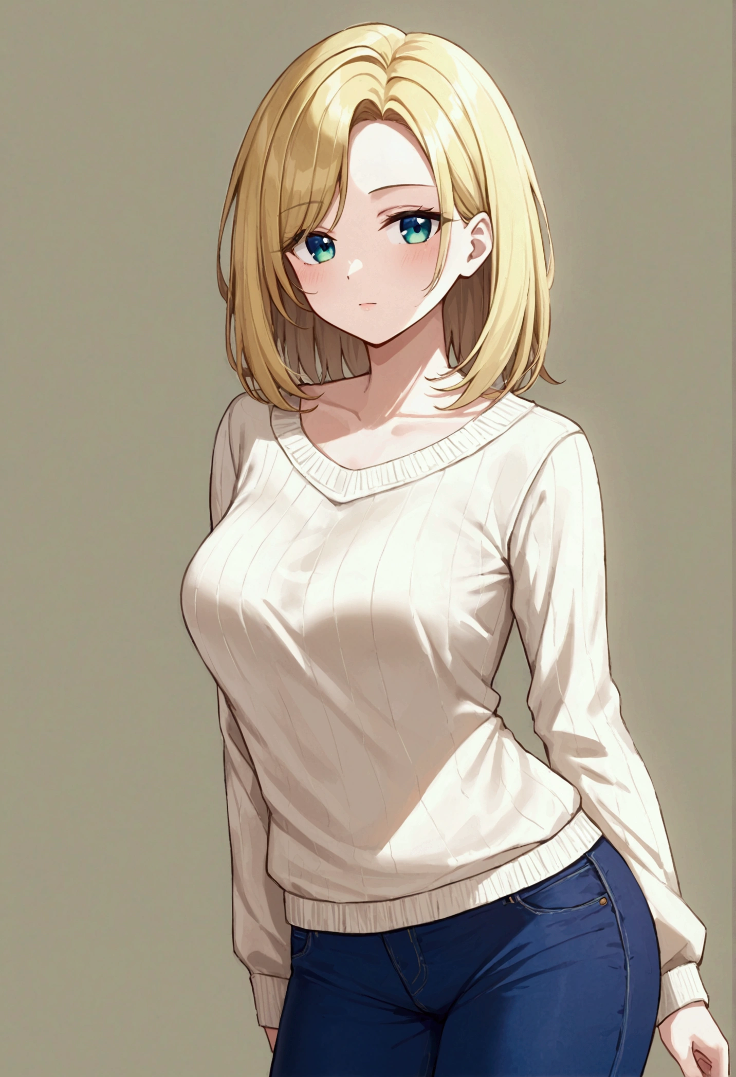 masterpiece, Highest quality, Very detailed), Portrait of a dark-haired girl, Round blue eyes, Wearing a beige blouse and blue jeans、Blonde medium hair ,Green Eyes, White pullover and black trousers