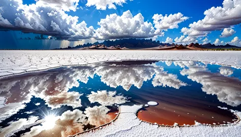 desert that during the rainy season becomes a giant mirror. the reflection of the sky on the wet salt creates an optical illusio...