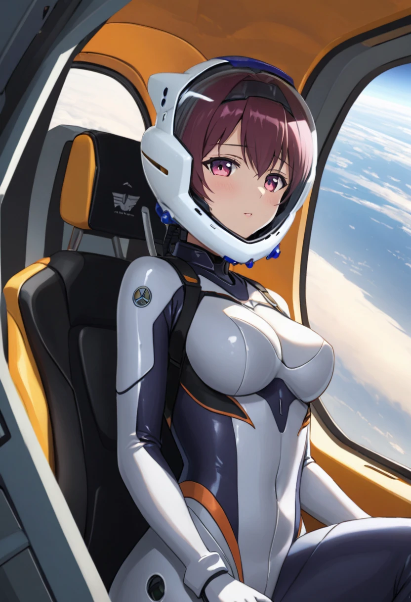 ((Female pilot in the cockpit of a reconnaissance plane), (airplane cockpit), (in flight), (10000 feet altitude)、(sky view):1.7),, short hair, street, emo, BLACK hair, white eyes, eyeliner, apocalypse, girl, nside the (cockpit:1.9) of a (futuristic spaceship:1.6), , blush,sitting on a chair, covered navel, space helmet, muvluv, space helm, plug suit , space helmet, eva helm, space suit, short hair, 